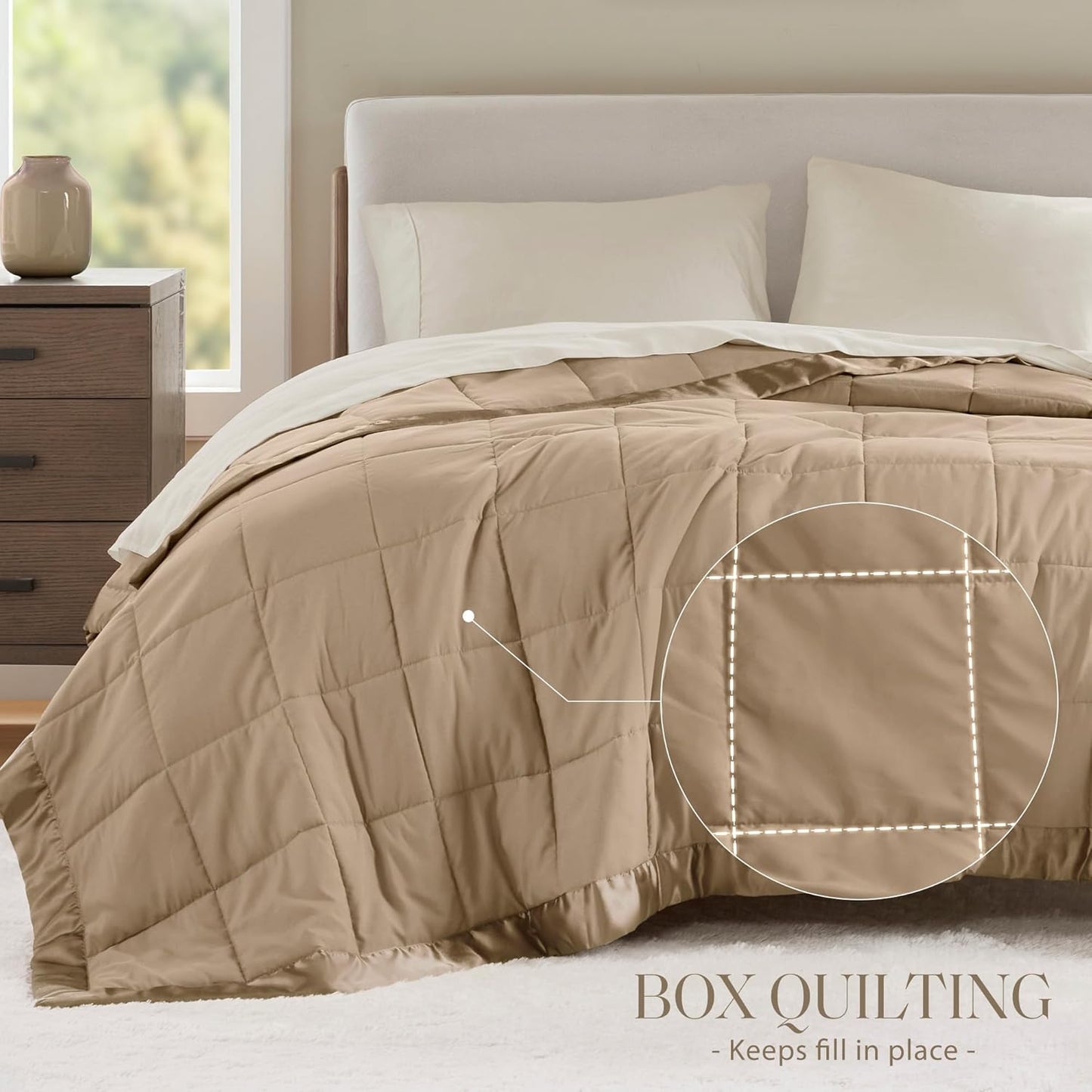 Madison Park Windom Down Alternative Blanket, Premium 3M Scotchgard Moisture Wicking Treatment, Lightweight and Soft Bed Cover For All Season, Satin Trim, Brown Twin