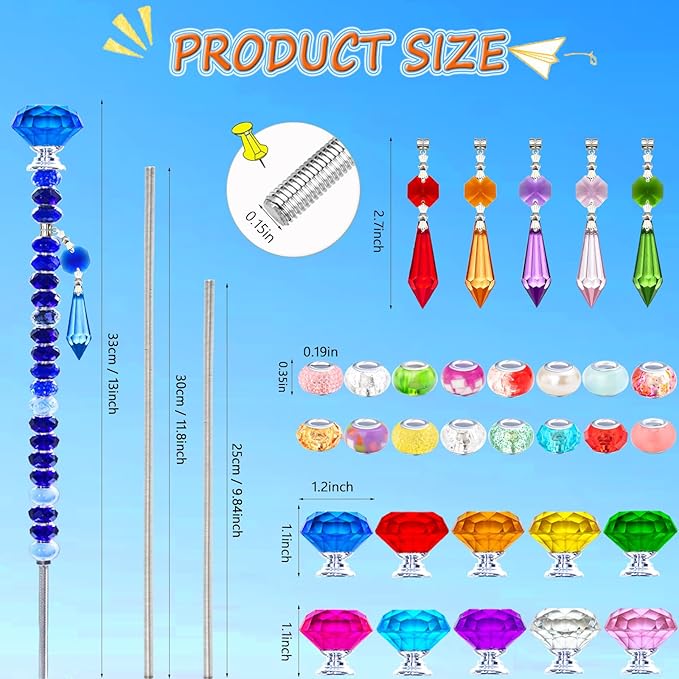 247 PCS Beaded Garden Stakes Kit, DIY Fairy Wand Garden Stake Beads Kits with Assortment Large Hole Beads 10 Crystal Stopper Top Threaded Rods and Sparkling Crystal Pendants for Outdoor Indoor Decor