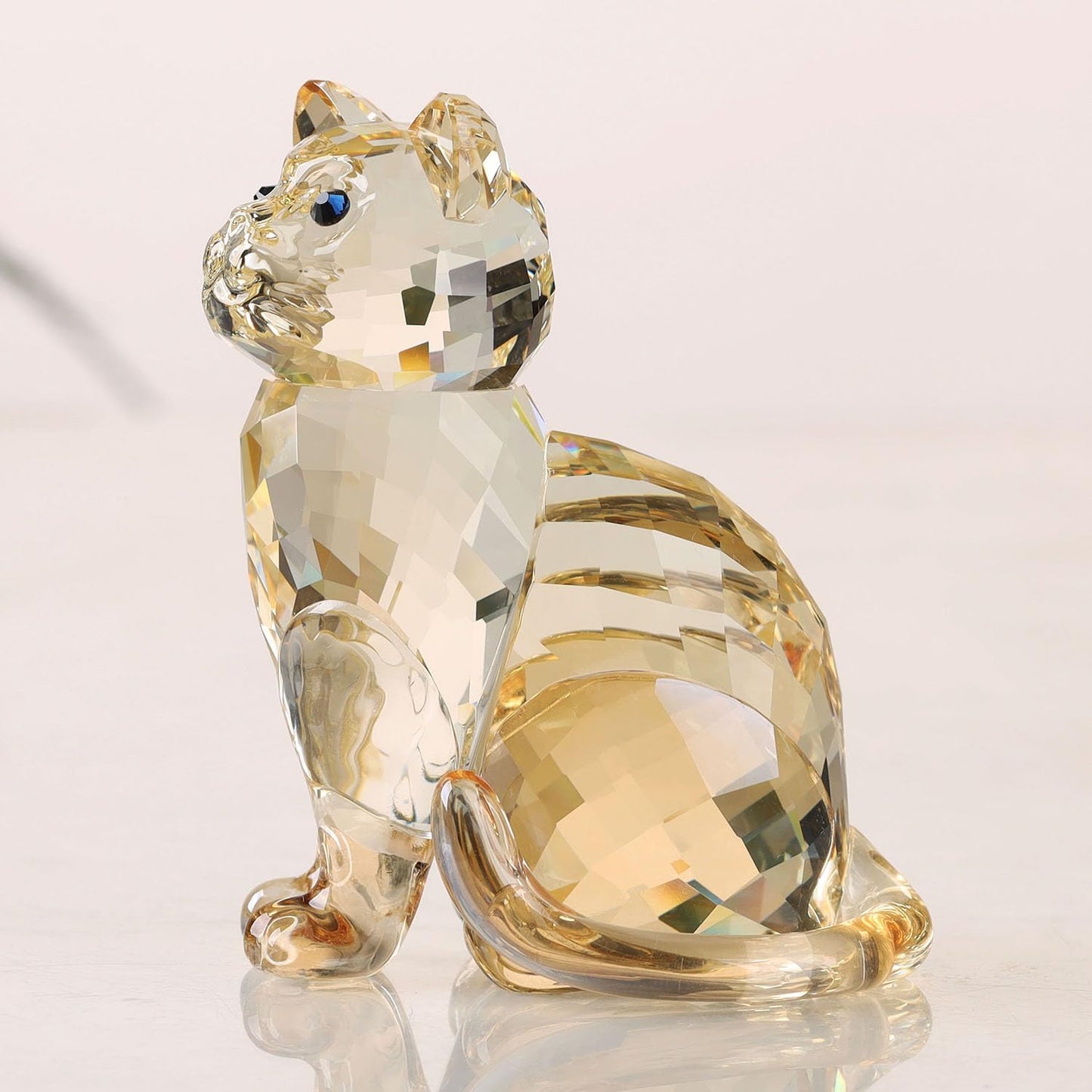 Crystal Cat Realistic Animal kitten Art Figurine Collection Table top Ornament Statue Home Decor (Gold)