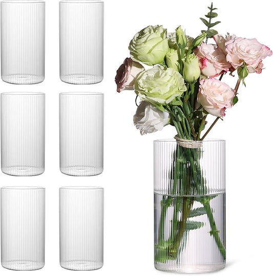 Glass Ribbed Cylinder Vases Pack of 6, Clear Ribbed Vases for Centerpieces Wedding Decoration, 6 Inch Tall Clear Flower Vase in Bulk, Hurricane Floating Candle Vase for Party Home Decor
