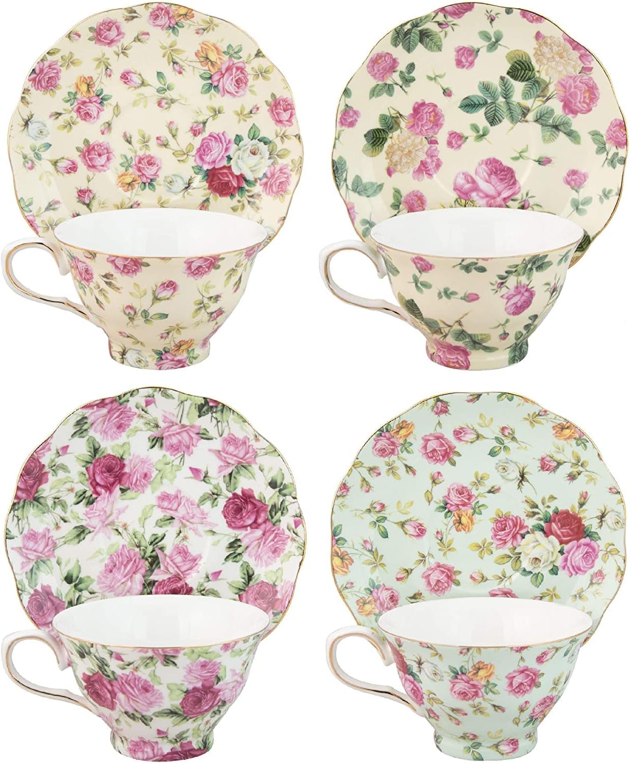 Gracie China by Coastline Imports Rose Chintz 8-Ounce Porcelain Tea Cup and Saucer, Set of 4