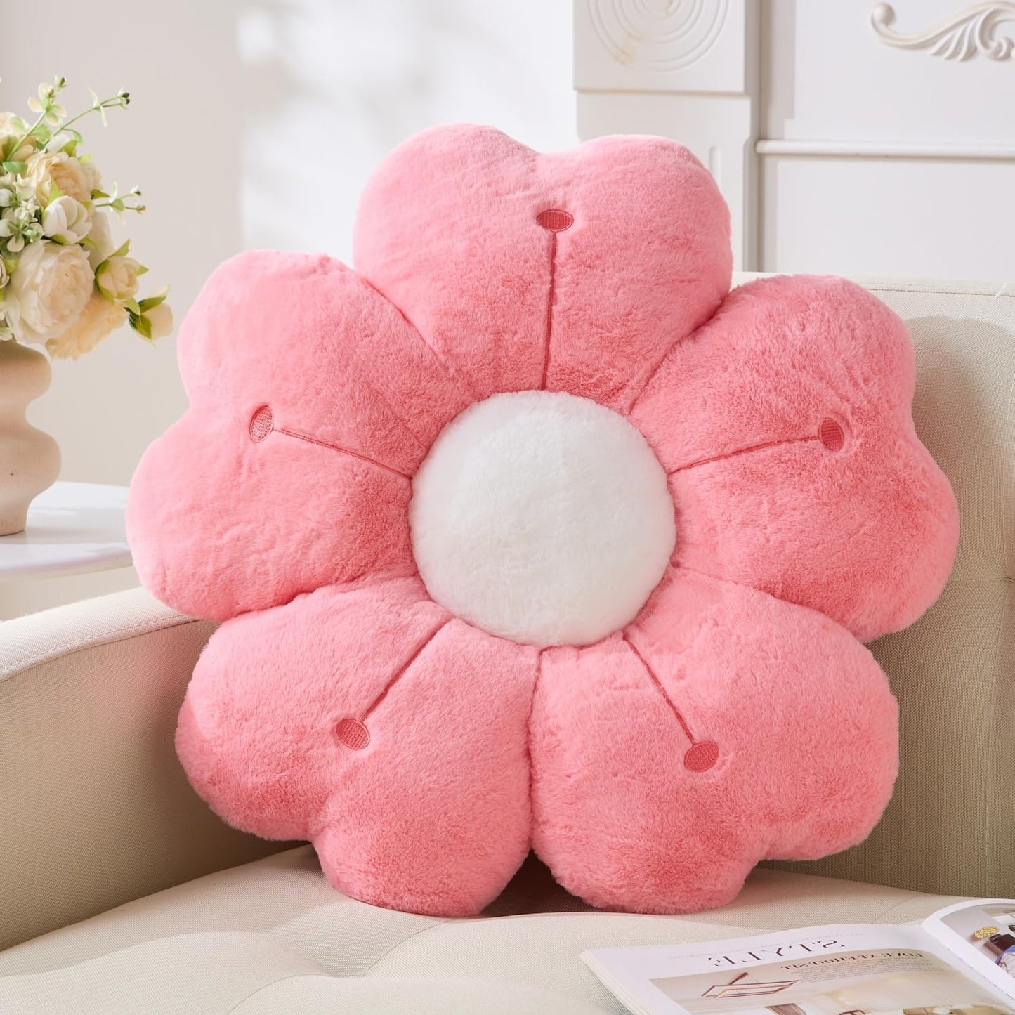 Flower Throw Pillow, Cute Daisy Cherry Blossom Flower Shaped Pink Throw Pillow 15.7In White Floor Cushion for Home Bedroom Sofa Chair Couch Decor