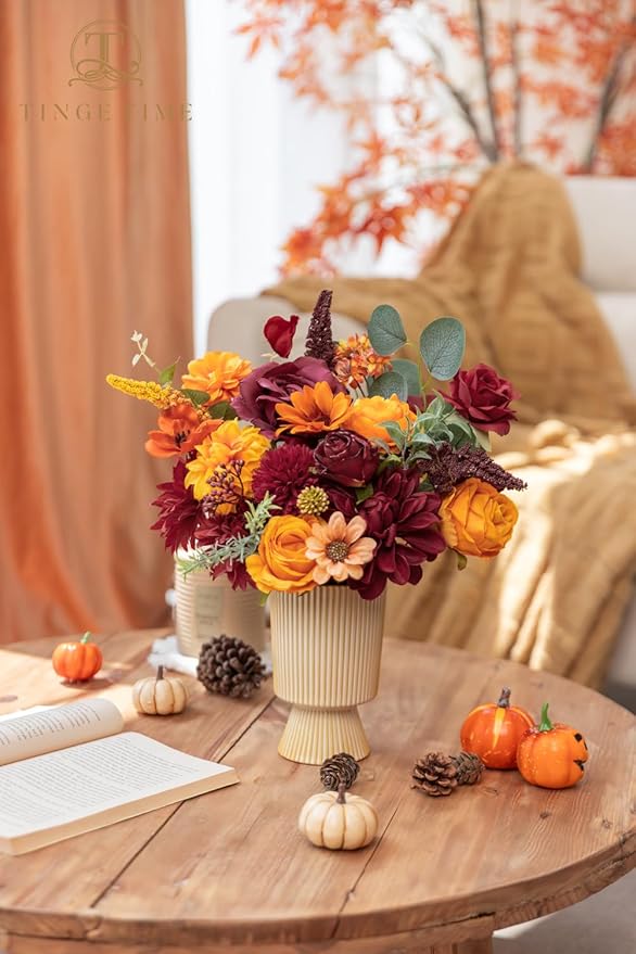 TINGE TIME Silk Fake Flowers Combo, Fake Foam Dahlia with Stems for DIY Wedding Bouquets Centerpieces Baby Shower Party Home Decorations(Burgundy & Burnt Orange)