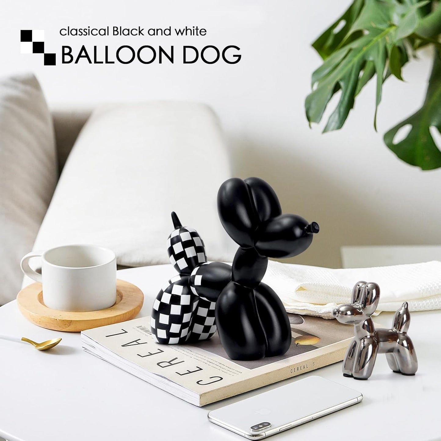 GDYOOSHOW 7 Inch Balloon Dog Decor Balloon Animal Sculpture Creative Puppy Crafts for Modern Bedroom Office Desktop (Black and White Check, H-7inch)