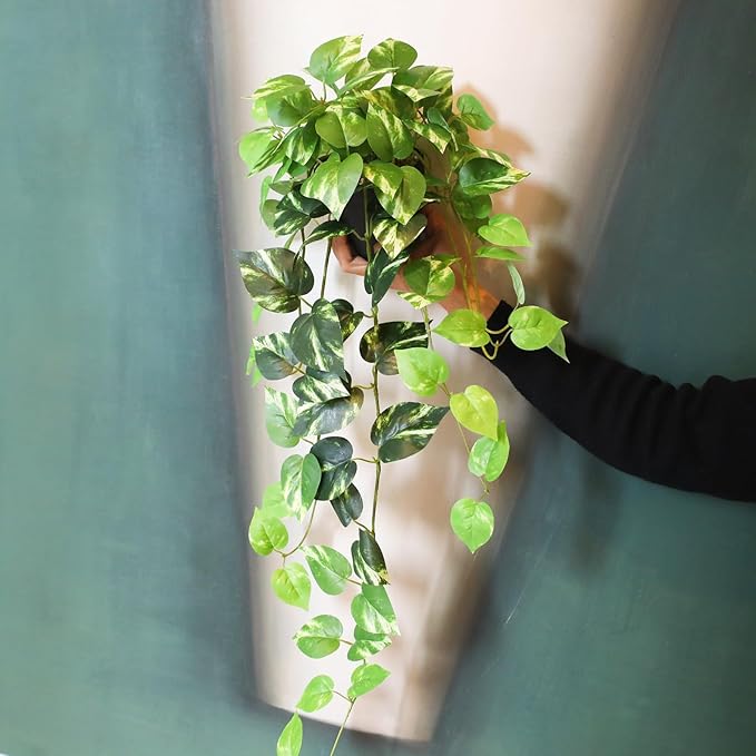 Fake Pothos Hanging Plants - 33" Set of 2 Artificial Silk Ivy Vines with Pots, Realistic Faux Greenery for Indoor Home Decor, Low Maintenance Hanging Plant Decoration (Golden Green)
