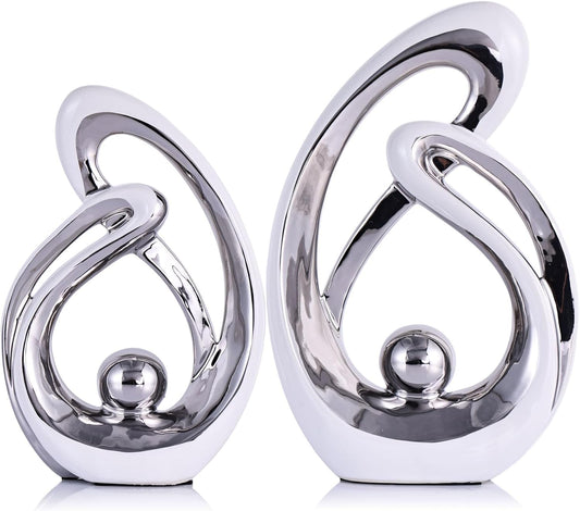 Home Decor Accent,Porcelain Art Mid Century Bookshelf Decorations,Gold Centerpieces for Tables,Abstract Ceramic Statue Sculpture for Coffee Table Mantel Tv Stand Centerpieces (White Silver, Large)