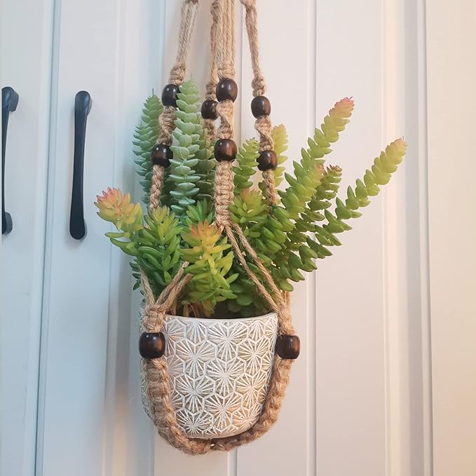 Macrame Plant Hanger 35", Set of 2 No Tassel Hanging Plant Holder, Sturdy Flower Pot Holder with 4 Hooks - Brown