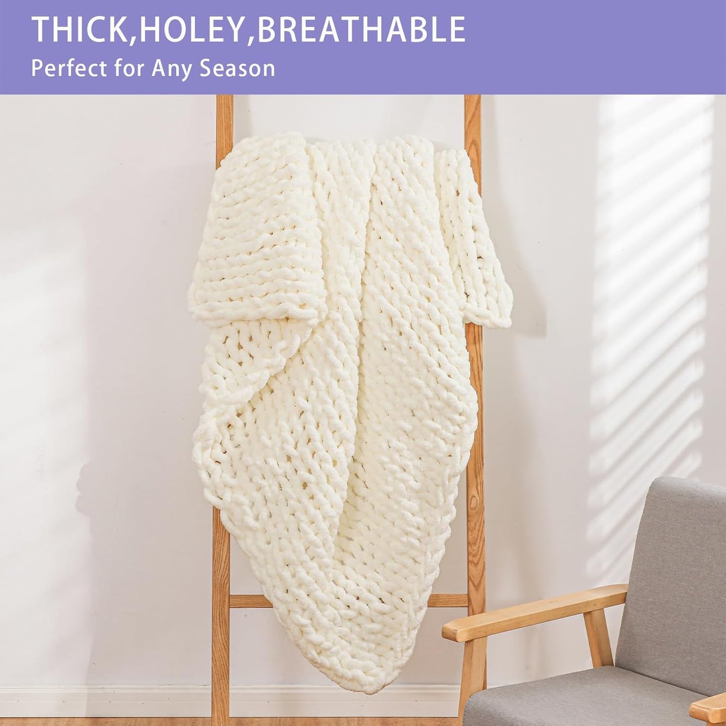 Bigacogo Chunky Knit Throw Blanket for Couch, 40x40 inches, 100% Hand Knitted with Thick Jumbo Chenille Yarn, Cozy Soft Large Rope Knot Cable Crochet Blankets for Sofa Bed Living Room, Ivory