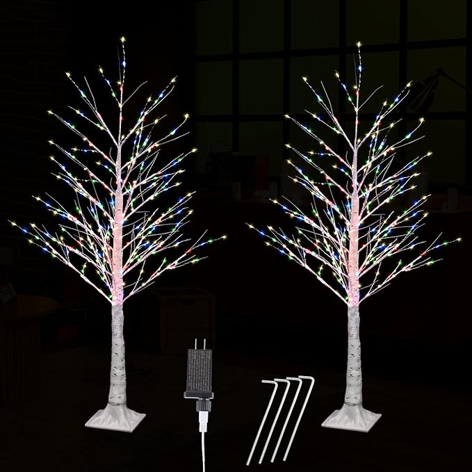 2pack 4FT 240 LED Christmas Birch Tree Multicplor Lights with Twinkle Lights, Twinkling or Steady Function for Selected, Birch Tree with LED Lights for Indoor Outdoor Christmas Tree Decorations