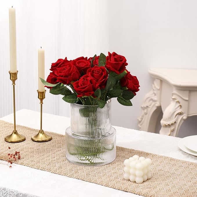 Ribbed Glass Vase, Flower Vase, Fluted Clear Vases for Flowers, Modern Vases for Living Room, Dining Table, Entryway, Shelf, Wedding, Office, Coffee Table, Birthday, 7.5 Inches