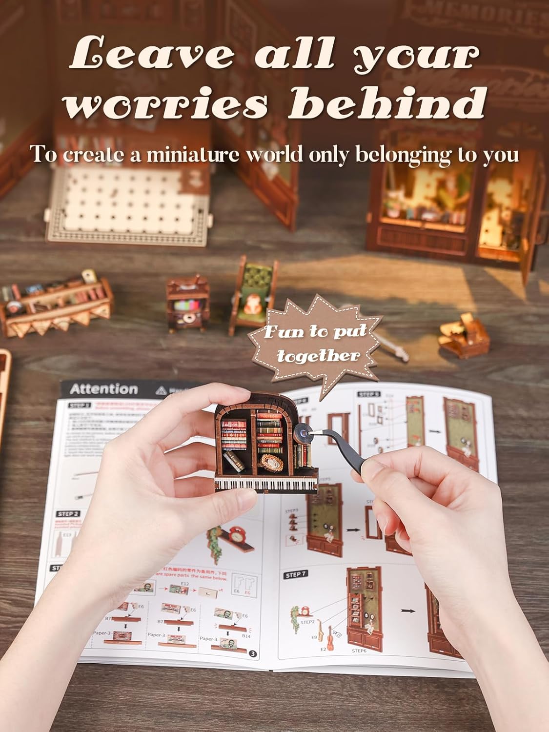 Cutefun Book Nook Kit - DIY Miniature House Kit for Bookshelf Decor, Book Nook Kits for Adults & Beginners, 3D Wooden Puzzle Dollhouse, Ideal Gift for Book Lovers (Memories Music Bookshop)