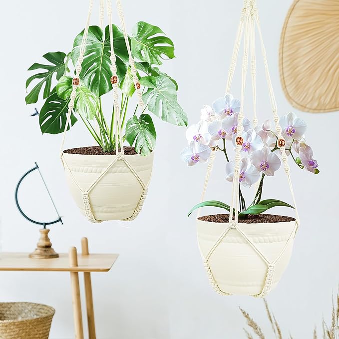 FGSAEOR Macrame Plant Holder Hanger, Hanging 3-15 inch Pot, Bearing 20lb Planters, DIY Handmade Hanging Planter Basket, 35-Inch Extra Long Strong Boho Home Indoor Outdoor Décor (2-Pack) (Ivory)