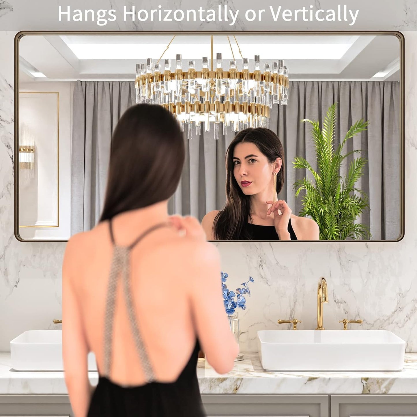 LOAAO 55”X30” Bronze Bathroom Mirrors for Vanity, Rounded Rectangle Brushed Bronze Metal Frame Mirror, Anti-Rust, Tempered Glass, Hangs Horizontally or Vertically