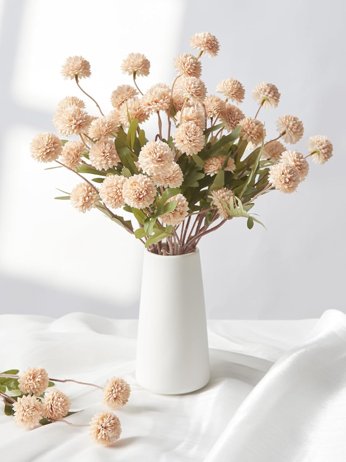 InnoGear Silk Flowers Pompon Mums Artificial Flowers, 10pcs 50 Heads Fake Mini Chrysanthemums with Long Stems Bulk Faux Kiku Flower for Decoration Memorial DIY Wedding Bouquets Centerpieces, Beige