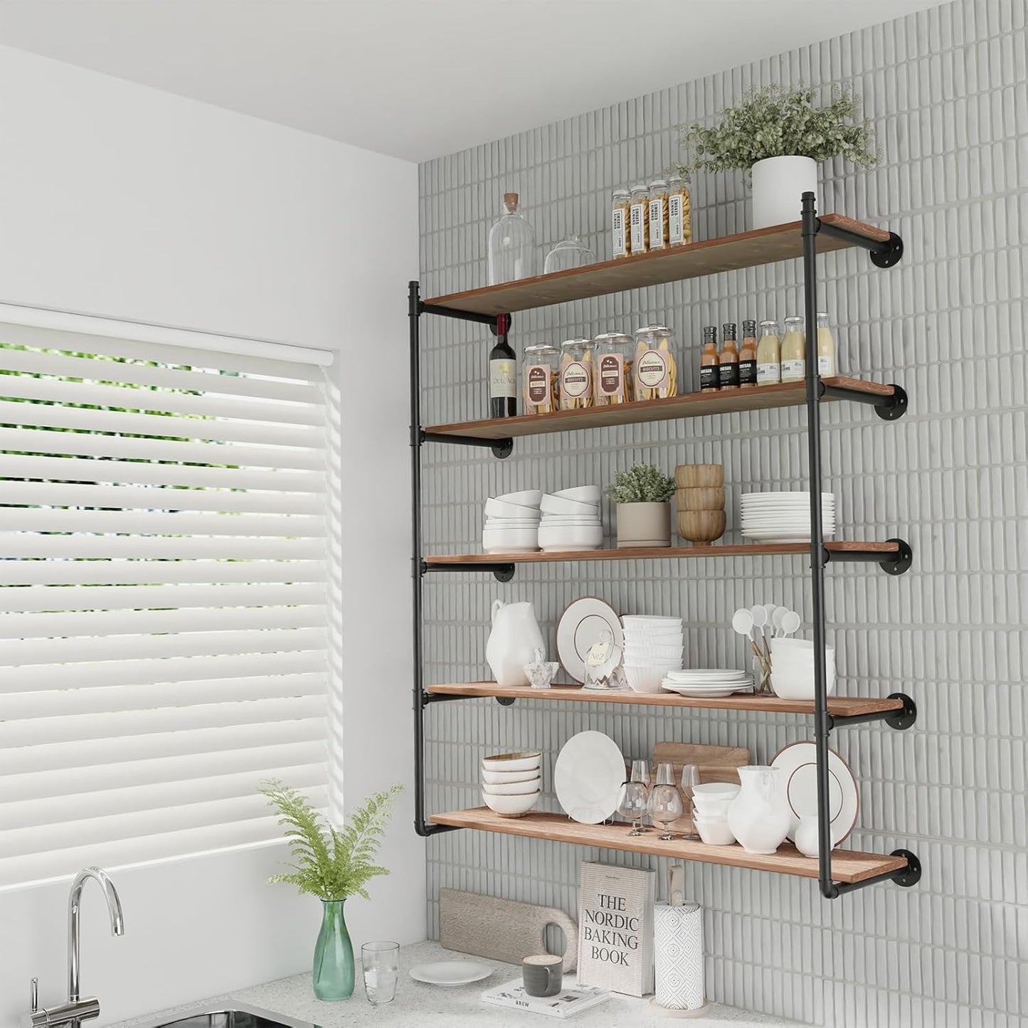 Industrial Pipe Shelf Brackets Wall Mount,Open Black Pipe Shelving for Kitchen,Floating Shelf Brackets Mount,Open Bookshelf Brackets for Shelves,Wall Shelves 12 Inch Deep(2PcsX5Tier,61" Tall)