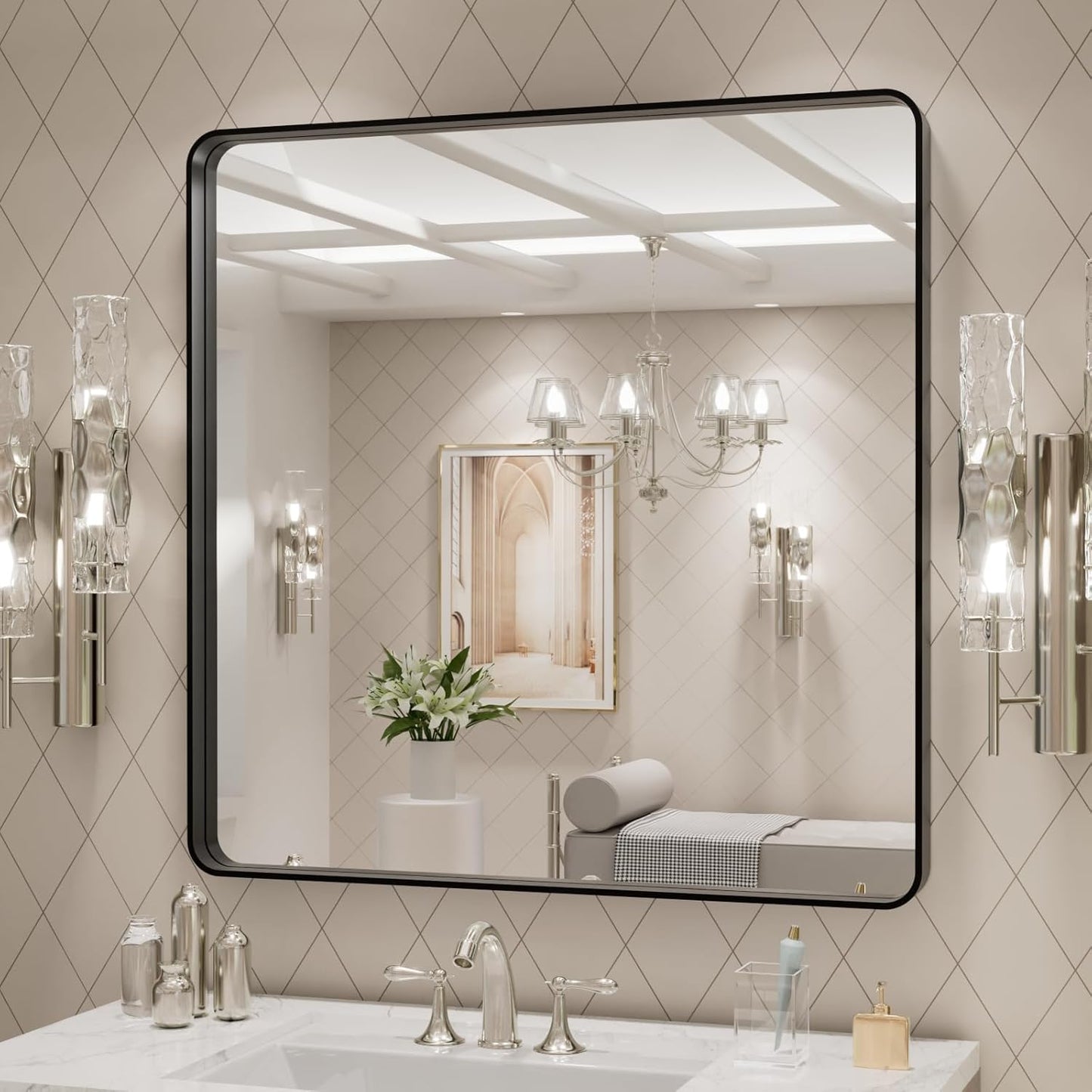 LOAAO 30x30 Inch Black Metal Framed Bathroom Mirror for Wall, Matte Black Bathroom Vanity Mirror Farmhouse, Large Rounded Rectangle Mirror, Anti-Rust, Hangs Horizontally or Vertically