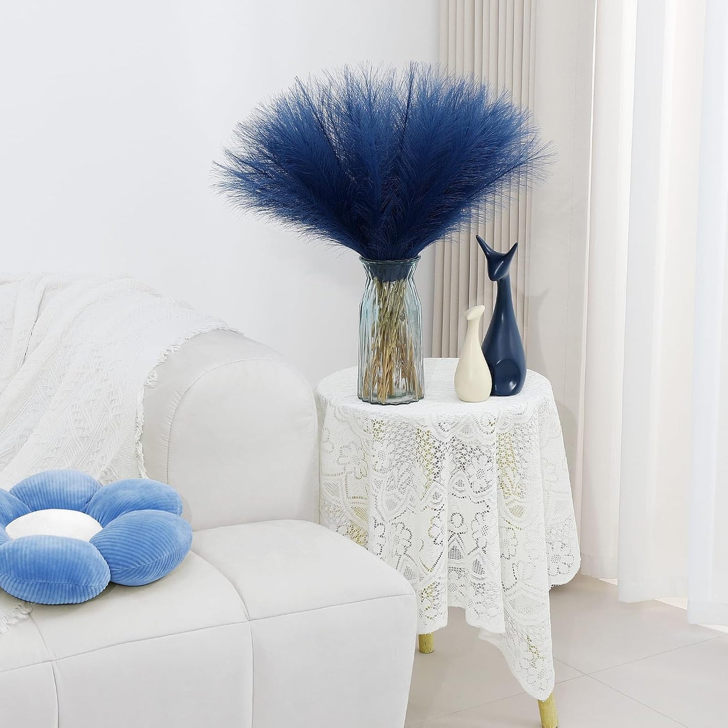 Blue Pampas Grass Decor 30 Pcs 21.7 Inch Faux Pampas Grass Bulk Artificial Dried Flowers Small Vase Filler Pompas Grass.