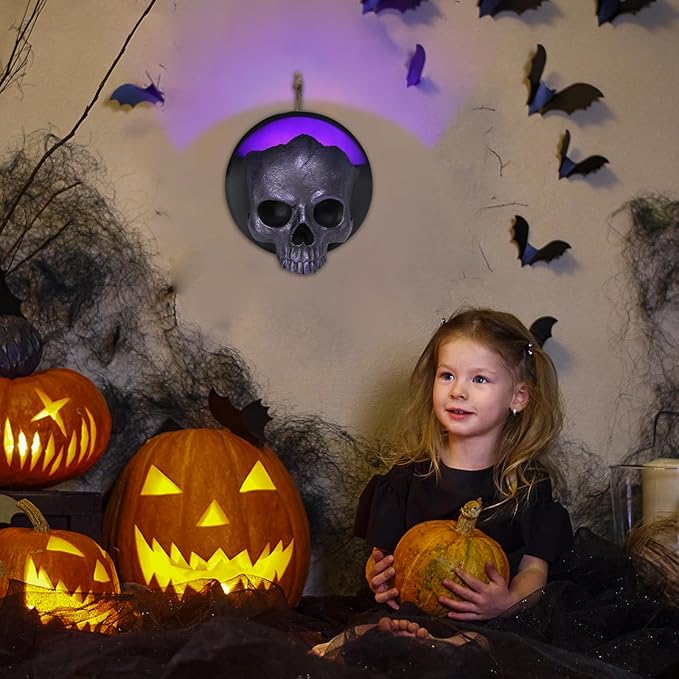 WONDER GARDEN 7.68 inch Halloween Skull Hanging Wall Decorations Light up Resin Purple Gothic Skeleton Halloween Creepy Sculptures for Indoor Outdoor Office Horror Home Wall Decor