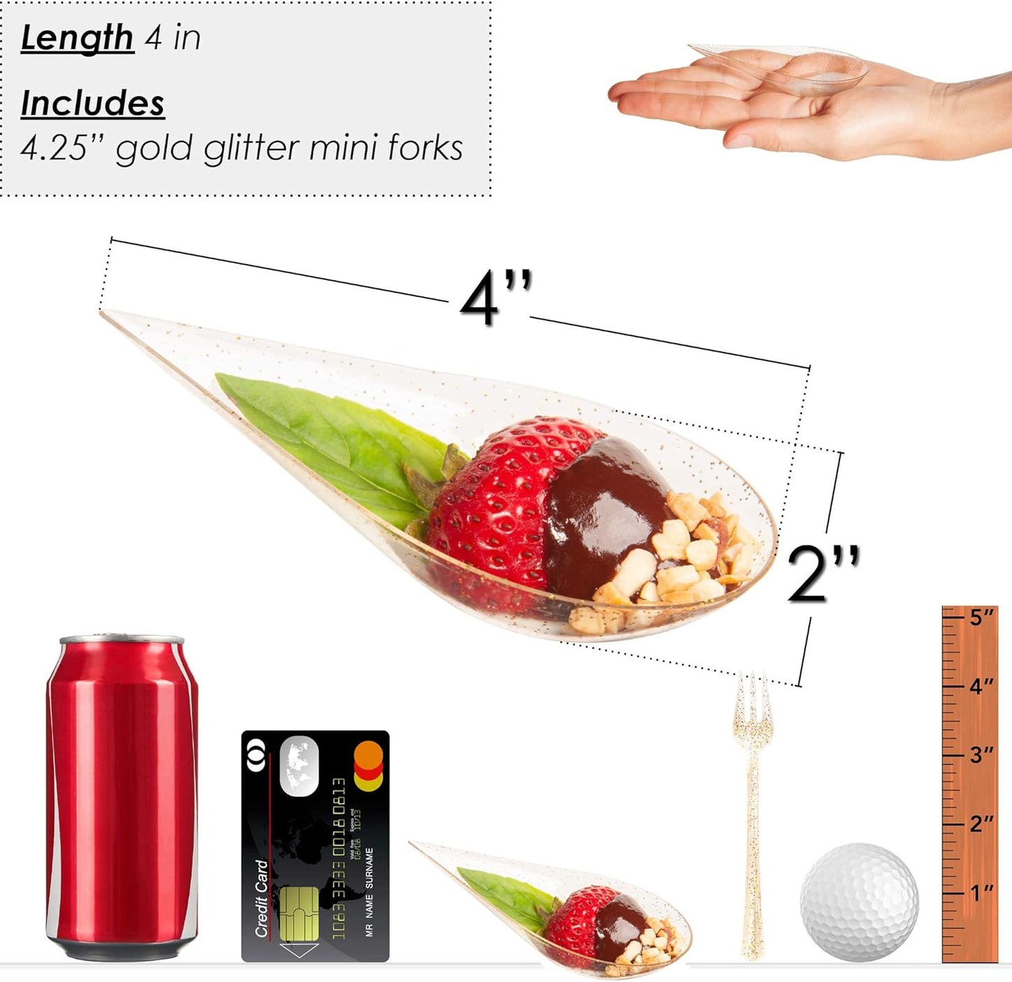 DLux 100 4-in Tear Drop Mini Appetizer Plates with Forks, Reusable Gold Glitter Clear Plastic Spoon - Dessert and Appetizers Dishes Serving Plate - Asian Spoon Set, Small Catering Dessert Tasting Cups