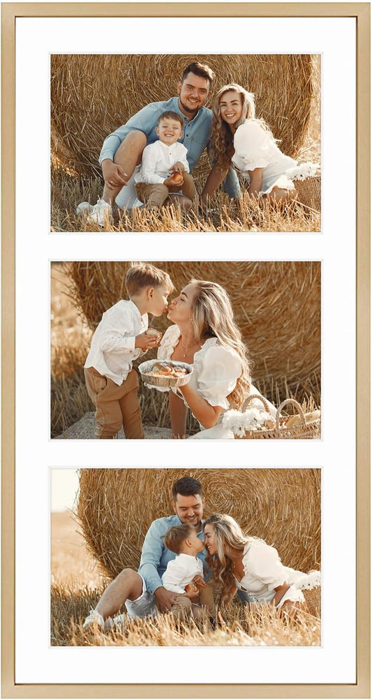 Frametory - 8.5x16.3 Aluminum Collage Picture Frame - Display 5x7 Pictures with 3 Openings Mat - Real Glass Front - Horizontal/Vertical Wall Mount - Gold 1 Pack