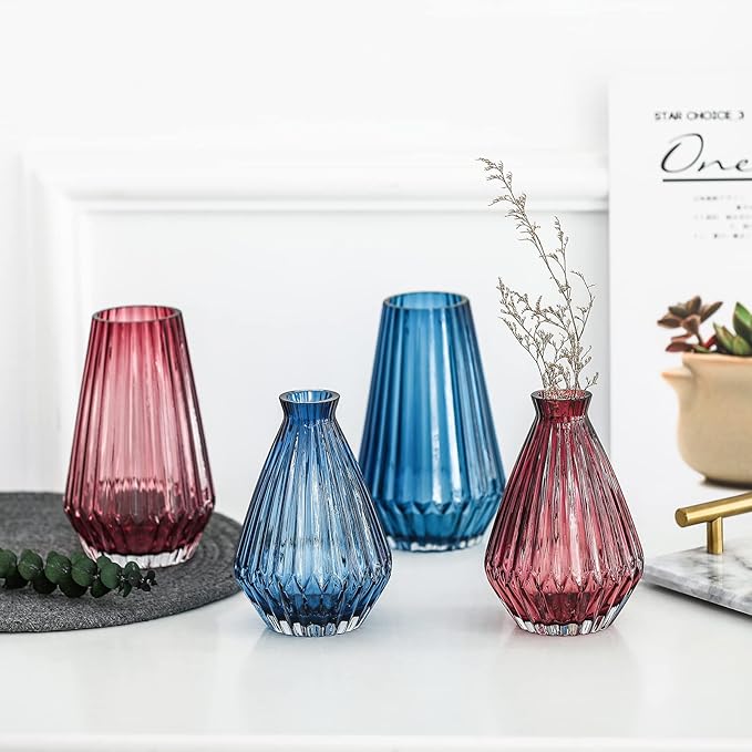 G Fusuma Red Glass Flower Vase for Table Centerpiece, High-Grade Decorative Flower Vase for Bouquets,Mantel and Shelf Display, Dining Table Centerpiece, Living Room Office Decoration, 6" Tall