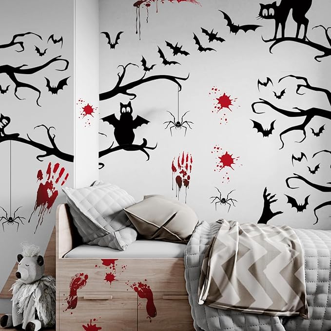HLNIUC Gothic Style Halloween Wall Decal 45PCS Halloween Bloody Handprint Footprint Scary Indoor Decoration Horrible Bat Cat Halloween Window Clings Happy Halloween Room Wall Stickers for Kid Bedroom