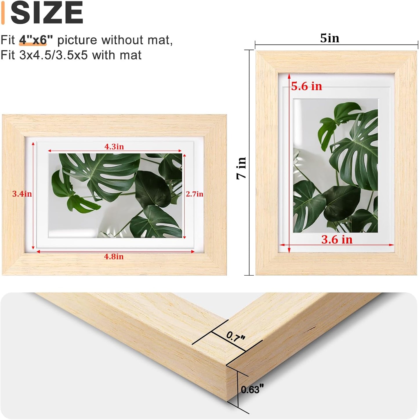 Egofine 4x6 Picture Frames Set of 4, Made of Solid Wood Covered by Plexiglass 3.5x5 with Mat or 4x6 without Mat, for Table Top Display and Wall Mounting Photo Frame Oak Wood
