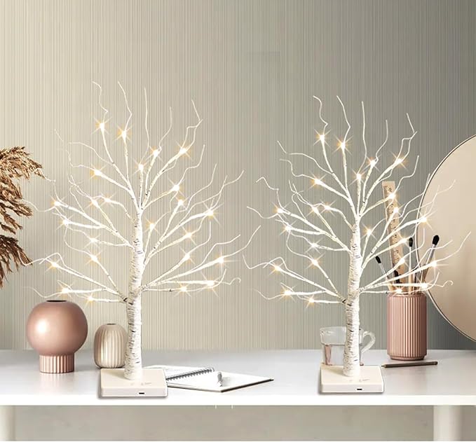 White Birch Tree with LED Lights, Christmas Decorations Lighted Tree for Tabletop, Battery Operated 24 LED Warm White Tree, 2FT Mini Small Christmas Tree Indoor Home Christmas Decor (2 Pack, Timer)