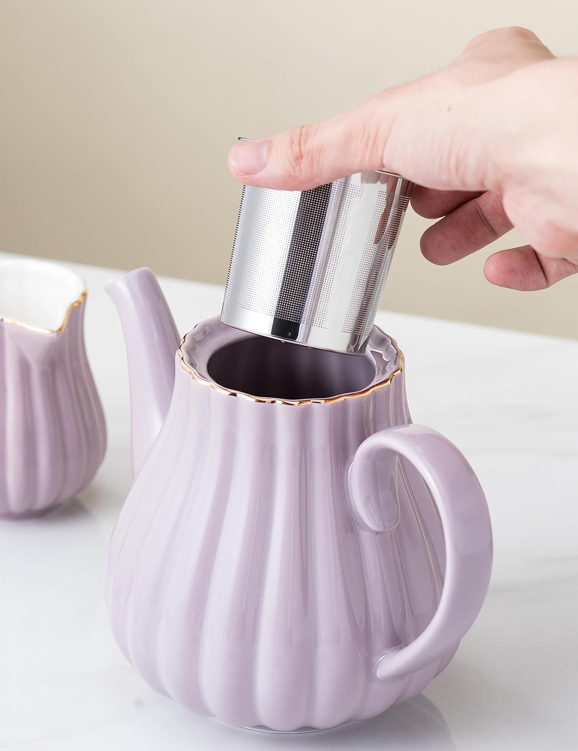 Clay Tonic- 8 OZ Fine China Purple Coffee Cup/Teacup Set, Cups & Saucer, with Teapot-Sugar Bowl-Cream Pitcher Teaspoons and tea strainer for Tea/Coffee,24-Pieces- Service for 6 (Purple)
