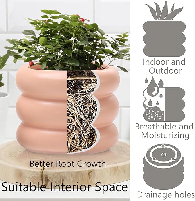 3 Piece Modern Ceramic Planter, 6.5/4.7/3.5 Inch Pink Plant Pot Set of 3 Unique Planters for Outdoor Indoor Flower Pots Plants with Drainage Holes Home & Office Decor with Mesh Pad