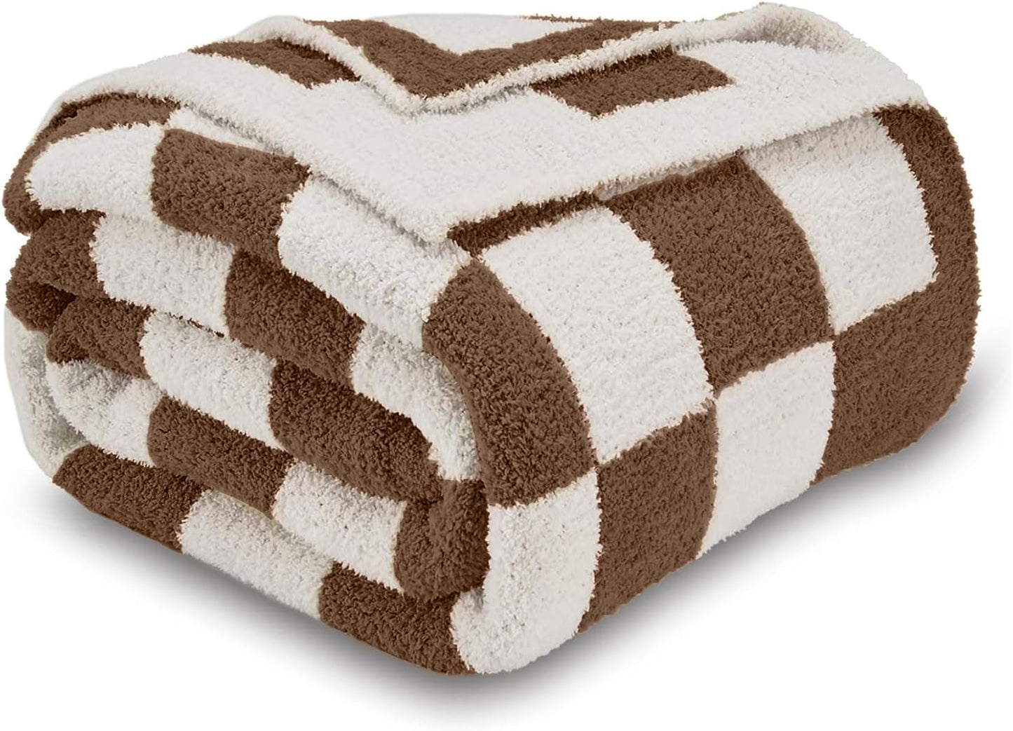 CozeCube Super Soft Fullfy Microfiber Reversible Knitted Blankets, Warm Cozy Fuzzy Plush Throw, Dark Brown and White Checkered Throw Blanket for Couch Bed Sofa, 60" x 80"