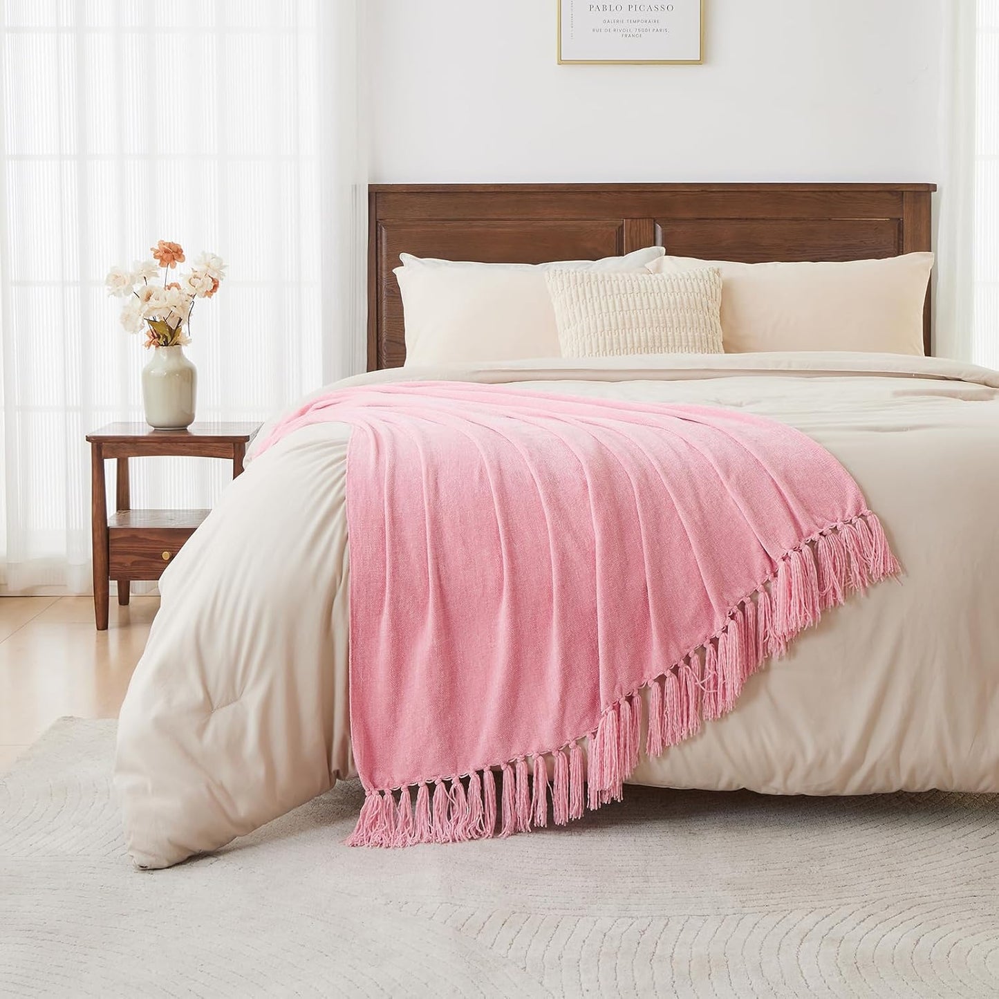 CozeCube Chenille Throw Blanket for Couch, Cozy Plush Fuzzy Decorative Pink Blanket with Fringe Tassels, Lightweight Throws for Bed Sofa Gift Home Decor, 50"X60"