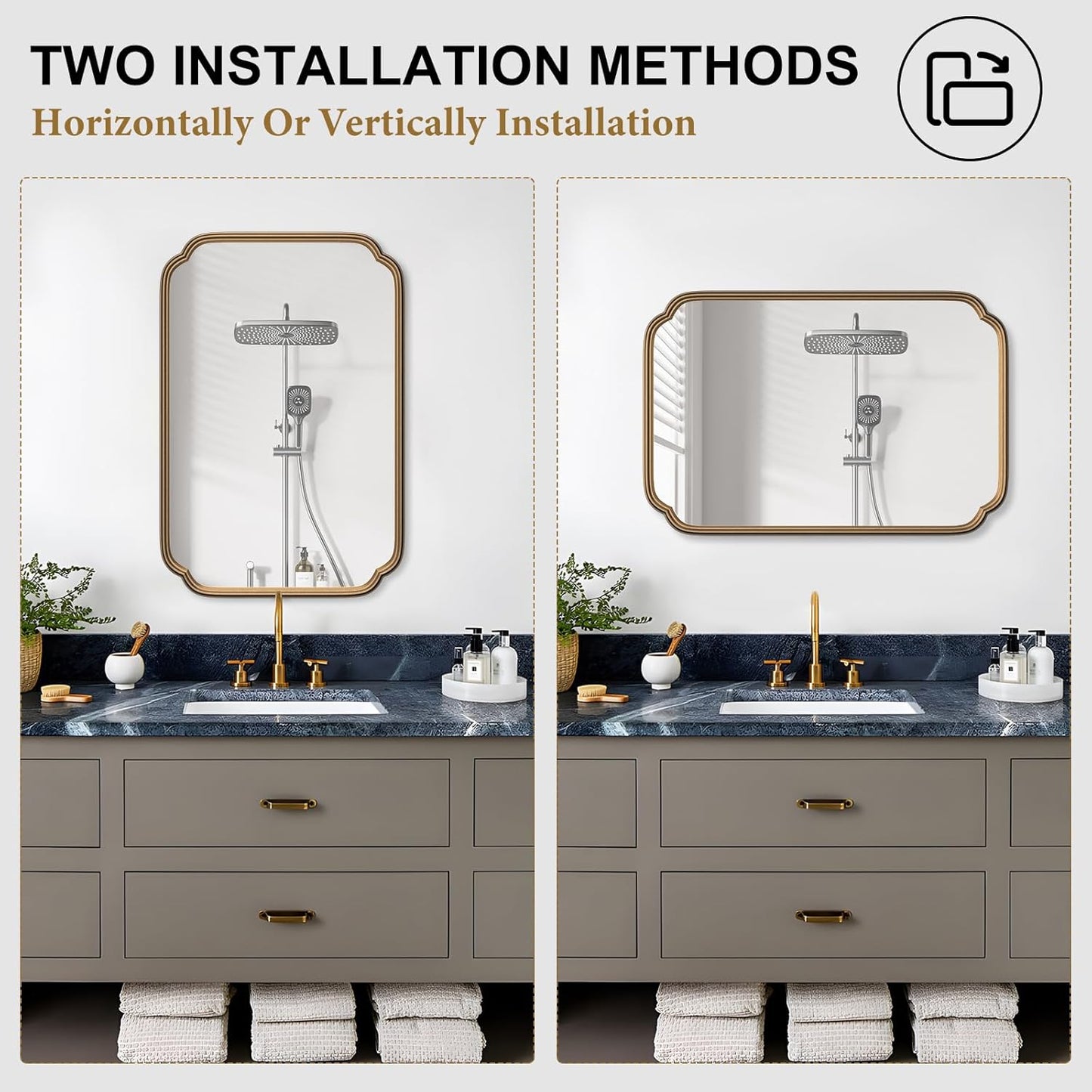 Gold Bathroom Mirror for Wall 20" x 30" Modern Rounded Corner Rectangle Mirror with Non-Rusting Iron Metal Framed Bathroom Vanity Mirror for Over Sink Wall Decor(Horizontal/Vertical)