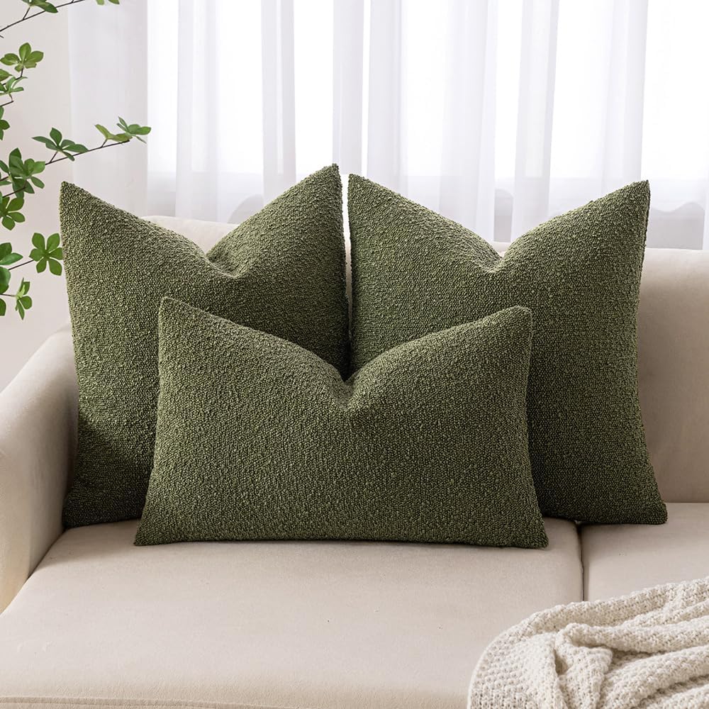 MIULEE 18x18 Inch Decorative Pillow Covers for Couch Bed Set of 2 Textured Boucle Neutral Winter Throw Pillows Olive Green Accent Solid Cushion Pillowcases Sofa Livingroom Home Decor