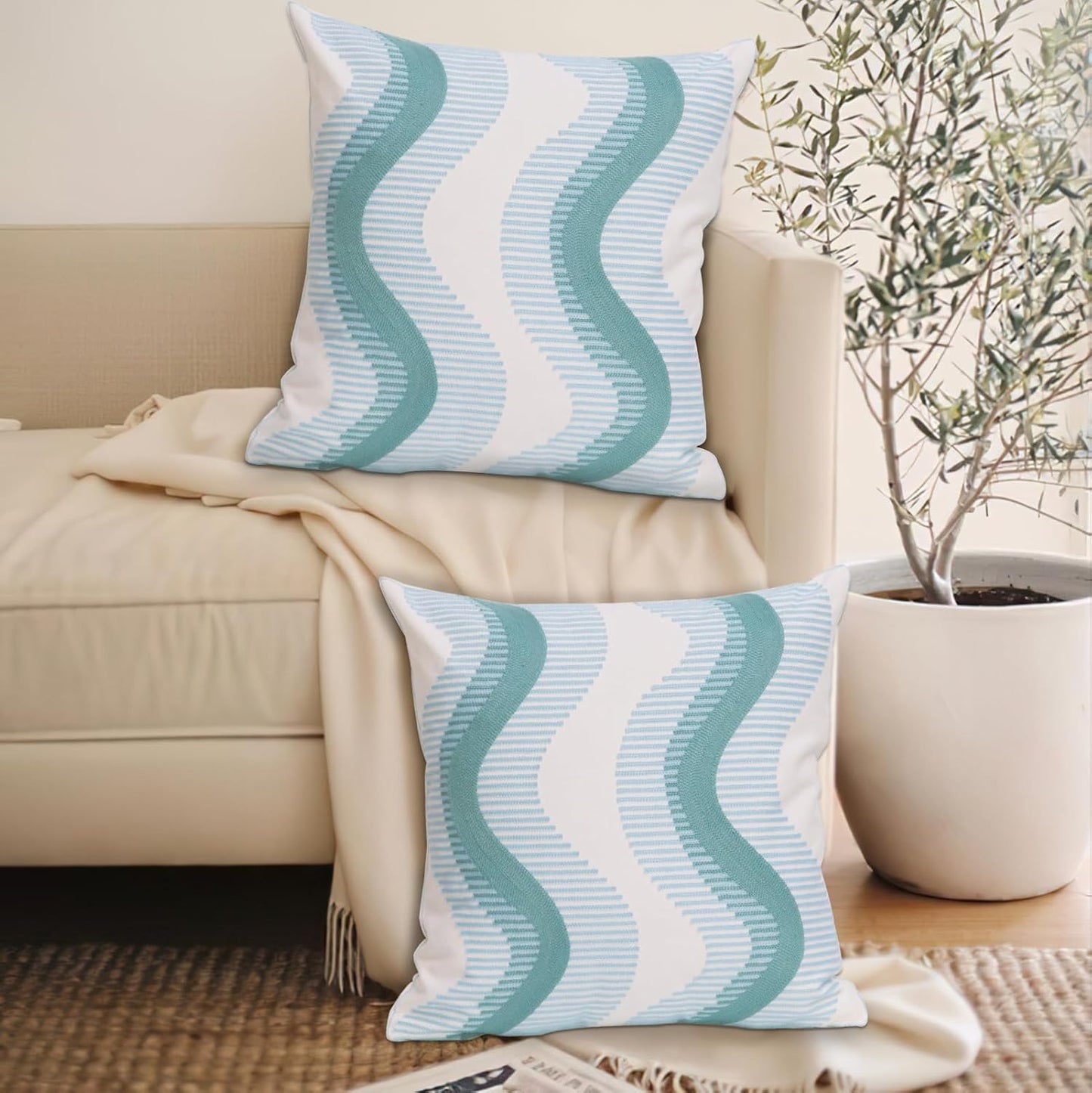 1 PCS Embroidered Throw Pillow Cover Cotton Decorative Square Cushion Cases for Home Sofa Bed and Chair 18 x 18 Inch (Blue Wave-2)