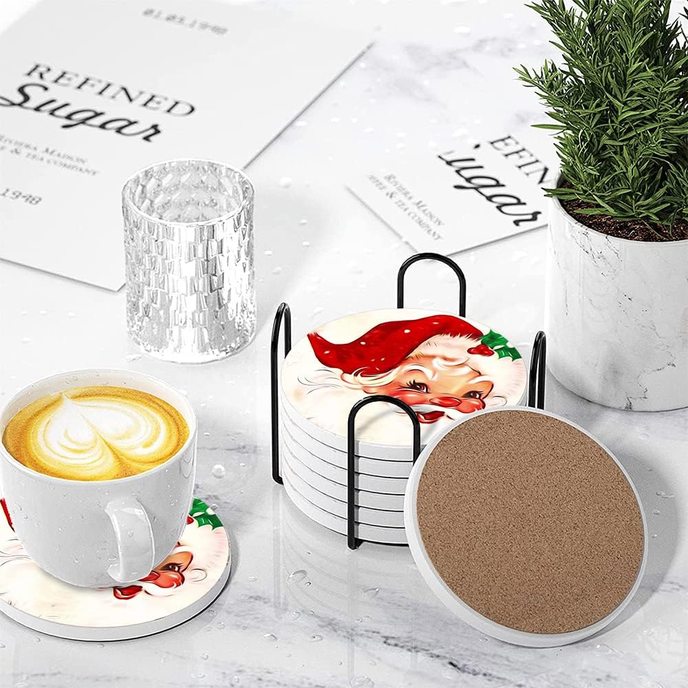 LOKMU Coasters for Drinks,Round Absorbent Ceramic Stone Coaster Sets of 6 with Metal Holder Stand,Vintage Santa Claus Coasters with Cork Base for Coffee Wooden Table,Housewarming Gifts,Christmas