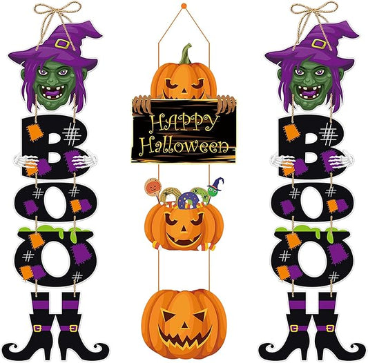 3Pcs Halloween Witch Hanging Decorations, Witch Pumpkin Door Decorations, Happy Halloween Sign Decoration Welcome Sign Hanging Ornaments for Home Wall Door Decor Party Supplies