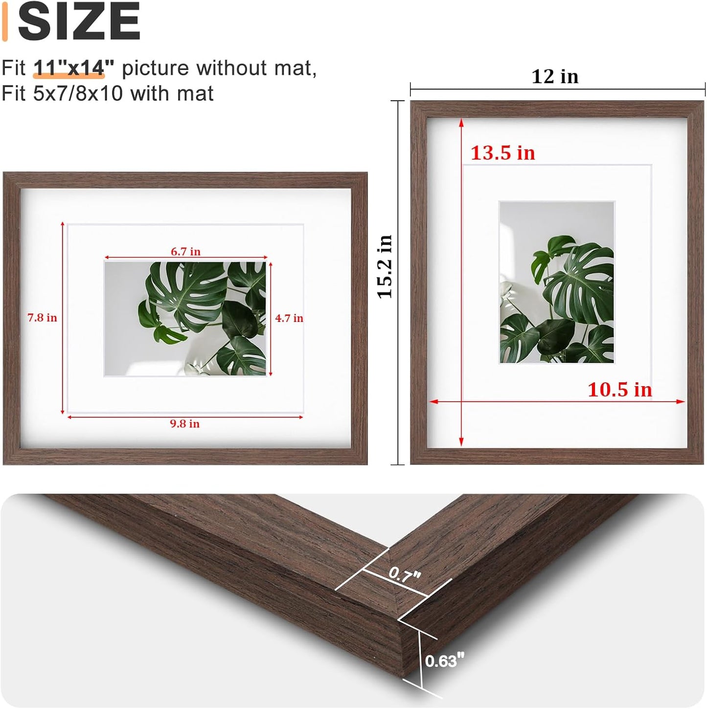 Egofine 11x14 Picture Frames Set of 4, Made of Solid Wood Covered by Plexiglass 5x7 and 8x10 with Mat or 11x14 without Mat, for Table Top Display and Wall Mounting Photo Frame Brown