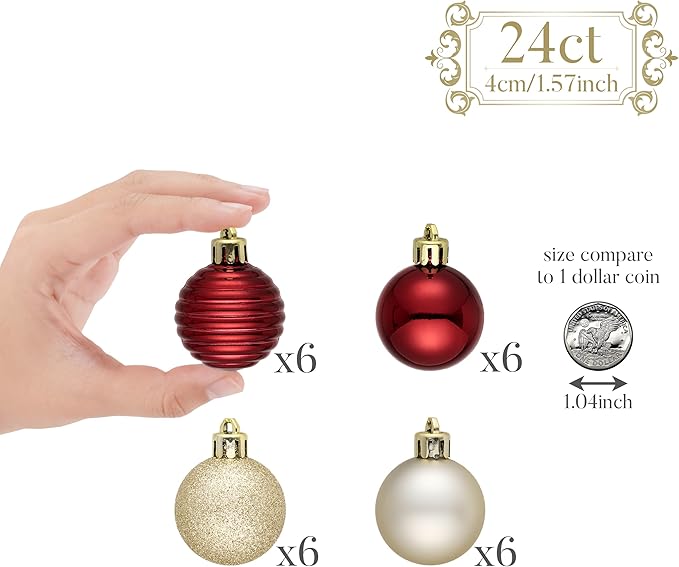 Valery Madelyn 1.57 Inches Small Christmas Tree Decorations Ornament Set for Fall Halloween, 24ct Burgundy Red and Gold Shatterproof Hanging Ball Ornaments Holiday Party Decor