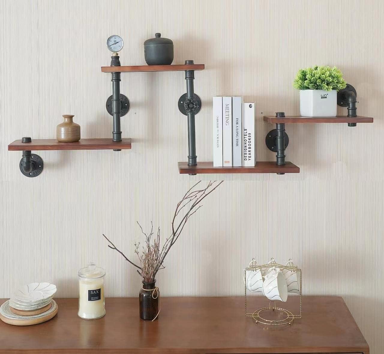 Industrial Rustic Modern Solid Wood Ladder Pipe Wall Mounted Floating Shelves – 4 Tiers Bookshelf,DIY Storage Shelving,Hung Bracket,Bookcases