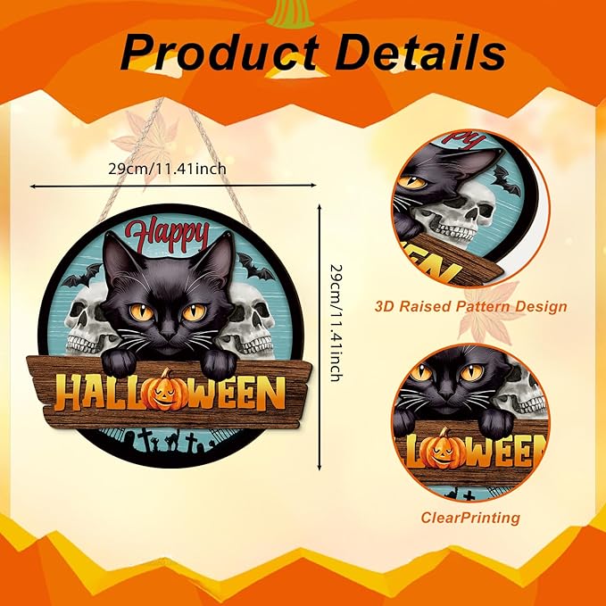3D Happy Halloween Sign,Halloween Black Cat Door Decor,Black Cats Wall Decor,Skeleton Wall Sign,Tombstone Skull Door Hanger,Ghost Bat Pumpkin Wood Decor for Home Yard Porch Office Party Outdoor