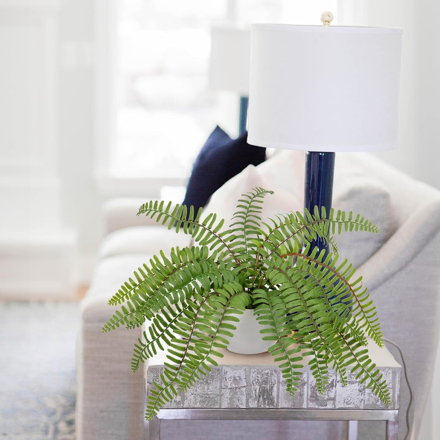 Hollyone Artificial Fern Potted Plant for Outdoors Indoors Lifelike Faux Boston Fern Artificial Plants in White Pot for Garden Patio Home Farmhouse Windowsill Office Decoration
