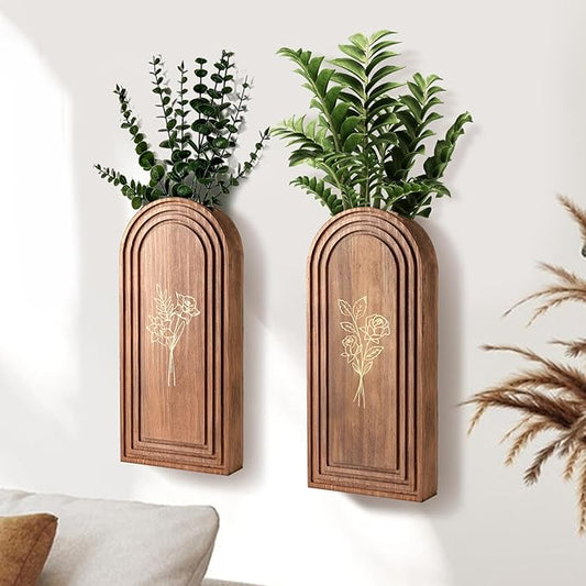 2 Pack Wooden Wall Vase Set, Farmhouse Modern Boho Pocket Vases Planter Wall Decor for Living Room, Bedroom, Entryway, Hallway, Dining Room, Narrow Spaces