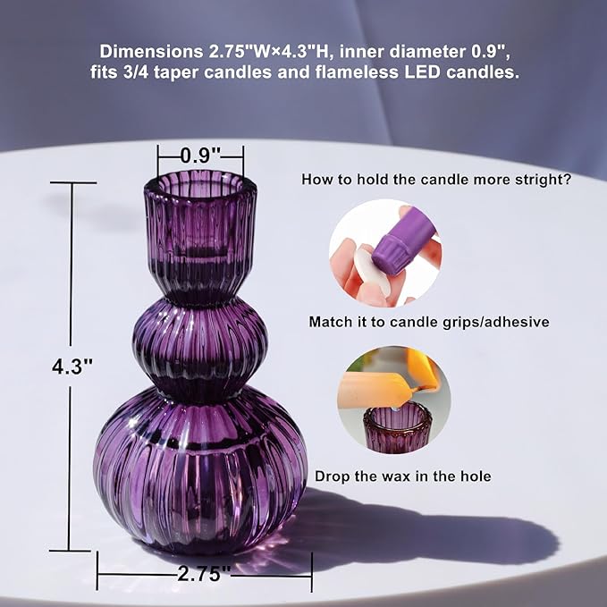 Woho Set of 6 Purple Taper Candle Holders 4.3" H for Halloween Decorations, Vintage Ribbed Glass Candlestick Holders for Wedding Table Centerpiece, Candle Sticks Holder Decor for Holiday Home Decor