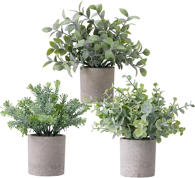 3 Pack Fake Potted Plants Small Artificial Plastic Eucalyptus Topiaries Lifelike Faux Plants for Home Office Coffee Room Desk Decor