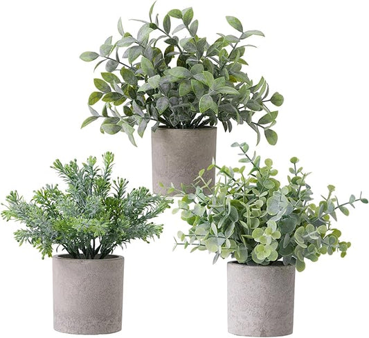 3 Pack Fake Potted Plants Small Artificial Plastic Eucalyptus Topiaries Lifelike Faux Plants for Home Office Coffee Room Desk Decor