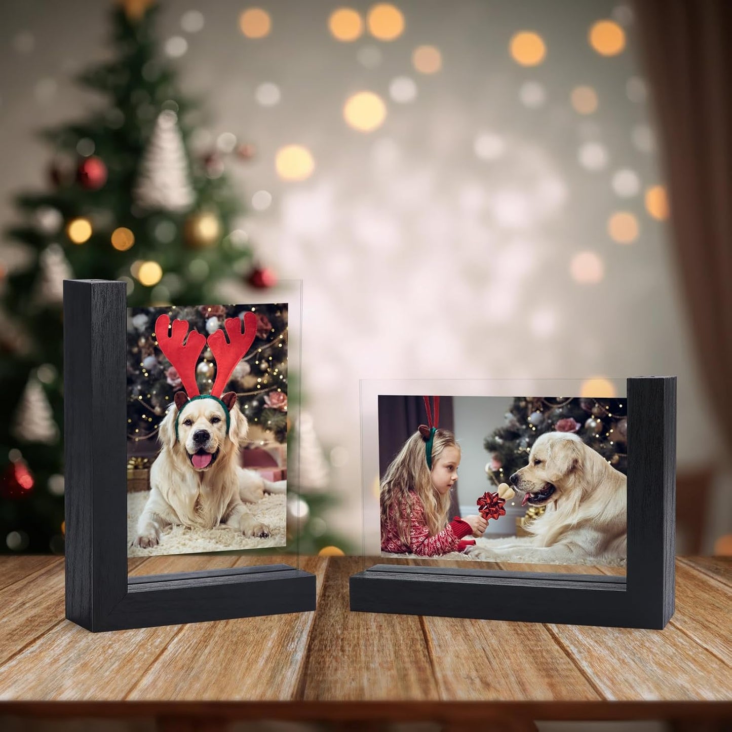 Lavezee 2 Pack 4x6 Picture Frames Made of Black Wooden L-shaped Base with Glass, Double Sided Display Photo Pictures 4 by 6 inch Vertical Horizontal for Tabletop Frame