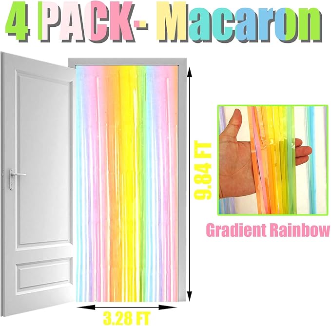 4 Pack Rainbow Foil Fringe Curtain Backdrop, 3.3Ft x 9.8Ft Colorful Metallic Tinsel Foil Streamers Curtains for Photo Booth, Wedding, Thanksgiving, Birthday, Christmas, Halloween Party Decoration