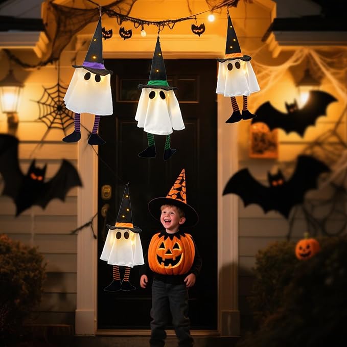3 Pack Halloween Hanging Ghost Lights with Glitter Hats, Battery Powered Halloween Decorations Outdoor Indoor, LED Floating Ghost Decor for Porch, Tree, Yard & Window, Indoor Outdoor Decoration