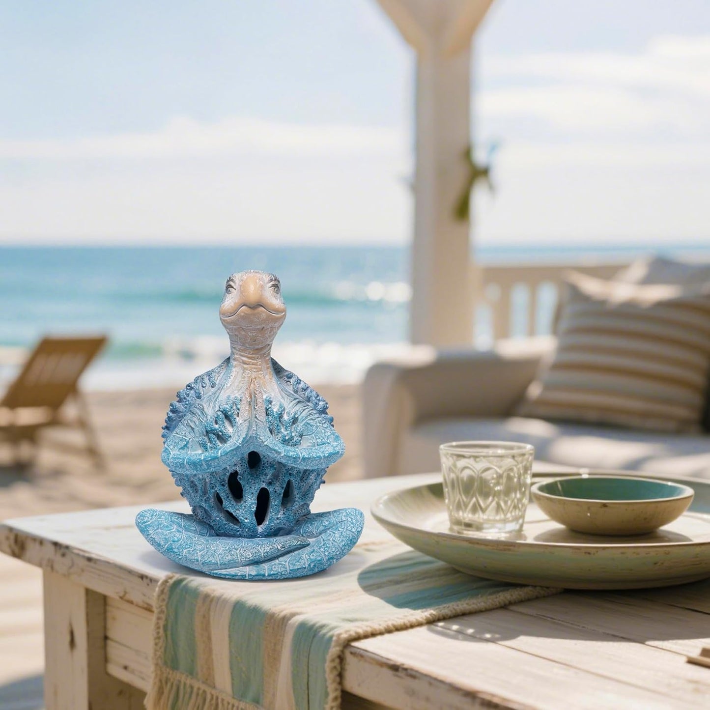 Hodao Coral Reef Sea Turtle Meditation Yoga Decor, Garden Figurines Turtle Meditating Coastal Beach Decor, Zen Yoga Resin Statue for Home Office Table & Shelf Decorations, Retirement Gifts